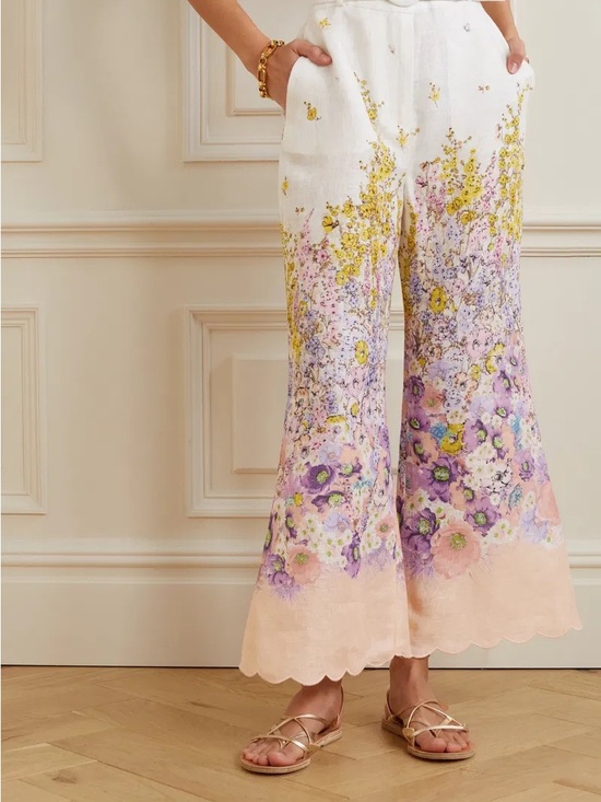 Zimmermann Pants - Jude Belted Scalloped Floral-Print Linen Wide-Leg Pants SZ 1